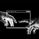 Two digitized hands on a black background touching like Michealangelo's David behind a window box reading secret project exe.